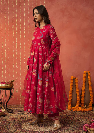 Red Kalyani Chintz Anarkali Set by Shivani Bhargava available on Indiaspopup.com