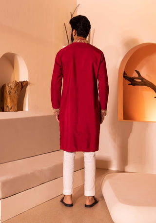 Shreyansh Designs-Red Saheb Kurta And Pants-INDIASPOPUP.COM