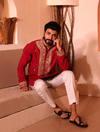 Shreyansh Designs-Red Saheb Kurta And Pants-INDIASPOPUP.COM