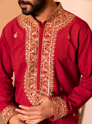 Shreyansh Designs-Red Saheb Kurta And Pants-INDIASPOPUP.COM