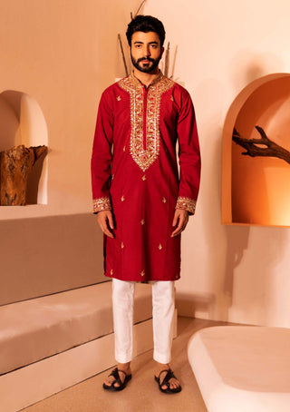 Shreyansh Designs-Red Saheb Kurta And Pants-INDIASPOPUP.COM