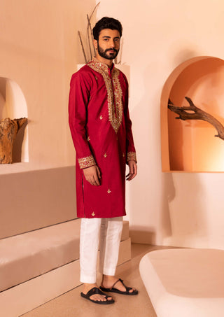 Shreyansh Designs-Red Saheb Kurta And Pants-INDIASPOPUP.COM