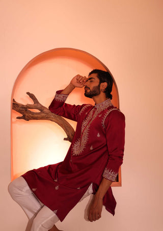 Shreyansh Designs-Wine Red Farmaan Kurta And Pants-INDIASPOPUP.COM