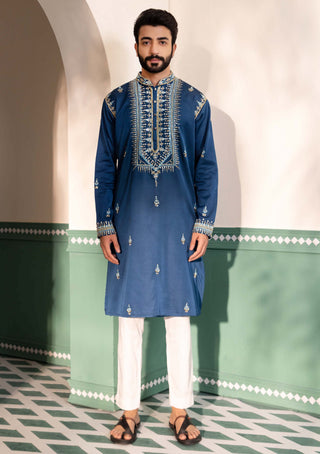 Shreyansh Designs-Teal Blue Arsh Kurta And Pants-INDIASPOPUP.COM
