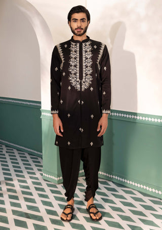 Shreyansh Designs-Black Shehanshah Kurta And Pants-INDIASPOPUP.COM