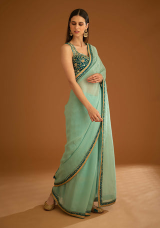 Shyam Narayan Prasad-Opal Green Chiffon Sari And Blouse-INDIASPOPUP.COM