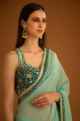 Shyam Narayan Prasad-Opal Green Chiffon Sari And Blouse-INDIASPOPUP.COM