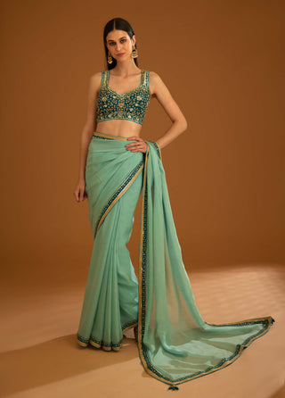 Shyam Narayan Prasad-Opal Green Chiffon Sari And Blouse-INDIASPOPUP.COM