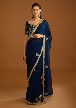 Shyam Narayan Prasad-Midnight Blue Chiffon Sari And Blouse-INDIASPOPUP.COM