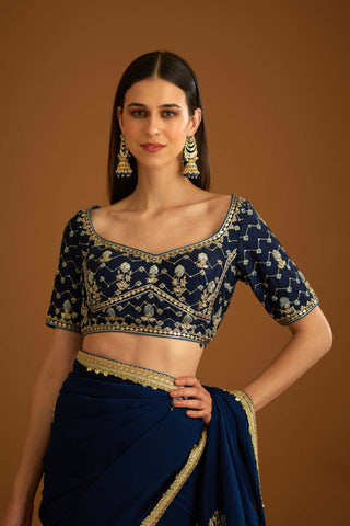 Shyam Narayan Prasad-Midnight Blue Chiffon Sari And Blouse-INDIASPOPUP.COM
