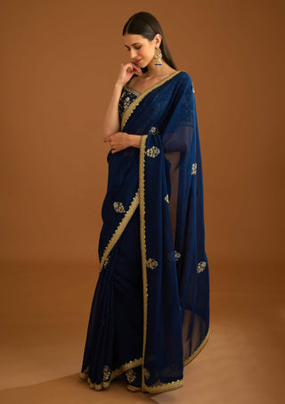 Shyam Narayan Prasad-Midnight Blue Chiffon Sari And Blouse-INDIASPOPUP.COM