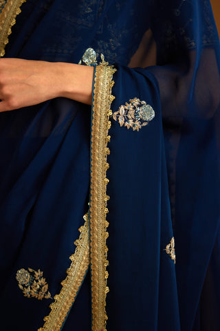Shyam Narayan Prasad-Midnight Blue Chiffon Sari And Blouse-INDIASPOPUP.COM