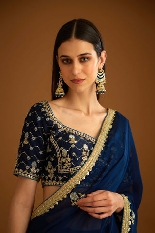 Shyam Narayan Prasad-Midnight Blue Chiffon Sari And Blouse-INDIASPOPUP.COM
