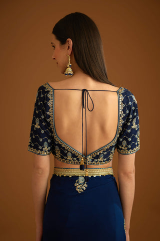 Shyam Narayan Prasad-Midnight Blue Chiffon Sari And Blouse-INDIASPOPUP.COM