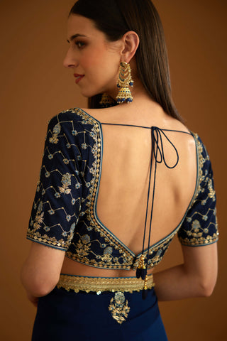 Shyam Narayan Prasad-Midnight Blue Chiffon Sari And Blouse-INDIASPOPUP.COM