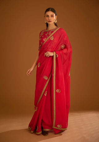 Shyam Narayan Prasad-Cranberry Pink Chiffon Sari And Blouse-INDIASPOPUP.COM
