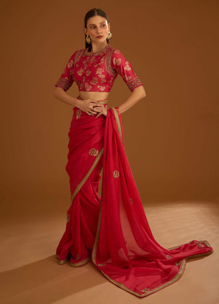 Shyam Narayan Prasad-Cranberry Pink Chiffon Sari And Blouse-INDIASPOPUP.COM