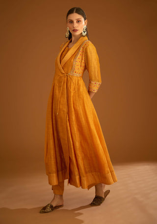 Shyam Narayan Prasad-Mango Yellow Chanderi Angrakha Set-INDIASPOPUP.COM