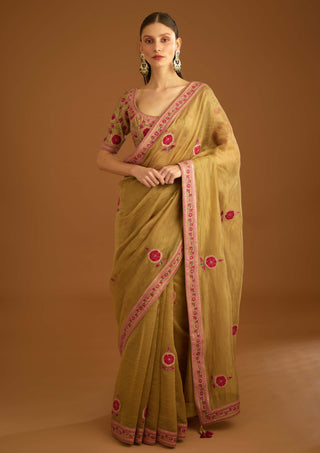 Shyam Narayan Prasad-Mustard Gold Chanderi Sari And Blouse-INDIASPOPUP.COM