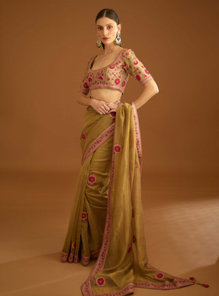 Shyam Narayan Prasad-Mustard Gold Chanderi Sari And Blouse-INDIASPOPUP.COM