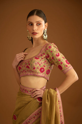 Shyam Narayan Prasad-Mustard Gold Chanderi Sari And Blouse-INDIASPOPUP.COM