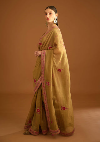 Shyam Narayan Prasad-Mustard Gold Chanderi Sari And Blouse-INDIASPOPUP.COM