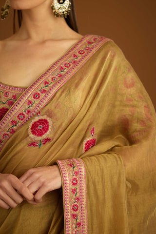 Shyam Narayan Prasad-Mustard Gold Chanderi Sari And Blouse-INDIASPOPUP.COM