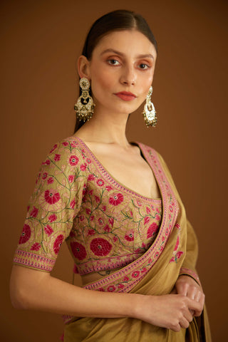 Shyam Narayan Prasad-Mustard Gold Chanderi Sari And Blouse-INDIASPOPUP.COM