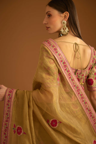 Shyam Narayan Prasad-Mustard Gold Chanderi Sari And Blouse-INDIASPOPUP.COM