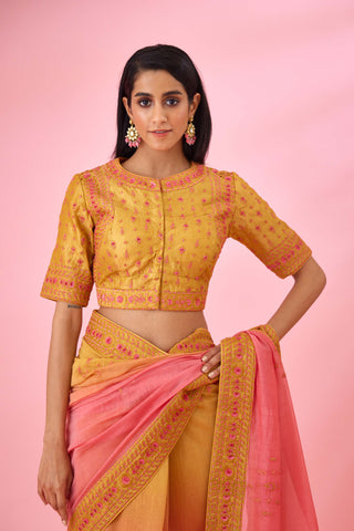 Shyam Narayan Prasad-Yellow Pink Ombre Sari And Blouse-INDIASPOPUP.COM