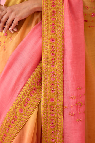 Shyam Narayan Prasad-Yellow Pink Ombre Sari And Blouse-INDIASPOPUP.COM