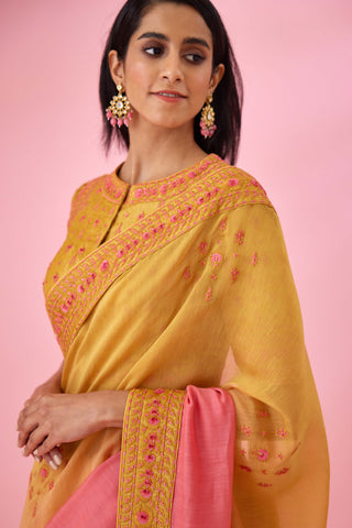 Shyam Narayan Prasad-Yellow Pink Ombre Sari And Blouse-INDIASPOPUP.COM
