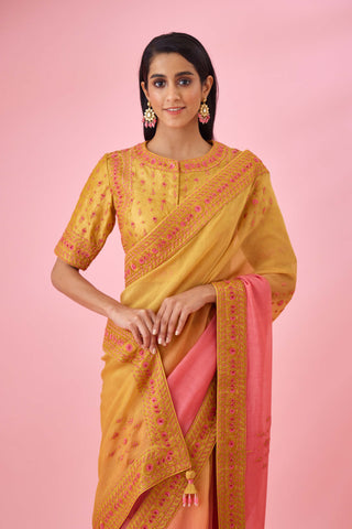 Shyam Narayan Prasad-Yellow Pink Ombre Sari And Blouse-INDIASPOPUP.COM