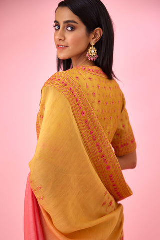 Shyam Narayan Prasad-Yellow Pink Ombre Sari And Blouse-INDIASPOPUP.COM