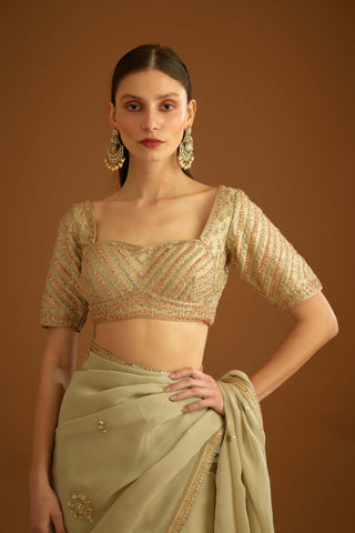 Shyam Narayan Prasad-Whisper Green Zardozi Sari And Blouse-INDIASPOPUP.COM