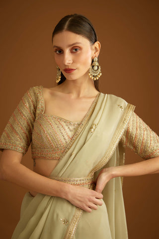 Shyam Narayan Prasad-Whisper Green Zardozi Sari And Blouse-INDIASPOPUP.COM