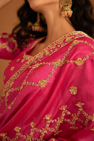 Shyam Narayan Prasad-Fuschia Pink Zardozi Sari And Blouse-INDIASPOPUP.COM