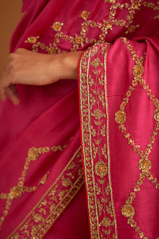 Shyam Narayan Prasad-Fuschia Pink Zardozi Sari And Blouse-INDIASPOPUP.COM