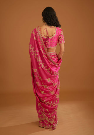 Shyam Narayan Prasad-Fuschia Pink Zardozi Sari And Blouse-INDIASPOPUP.COM