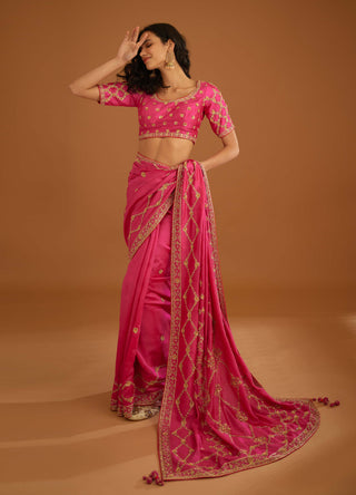 Shyam Narayan Prasad-Fuschia Pink Zardozi Sari And Blouse-INDIASPOPUP.COM