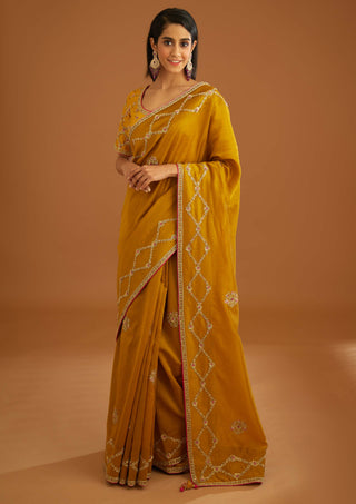 Shyam Narayan Prasad-Mustard Yellow Zardozi Sari And Blouse-INDIASPOPUP.COM