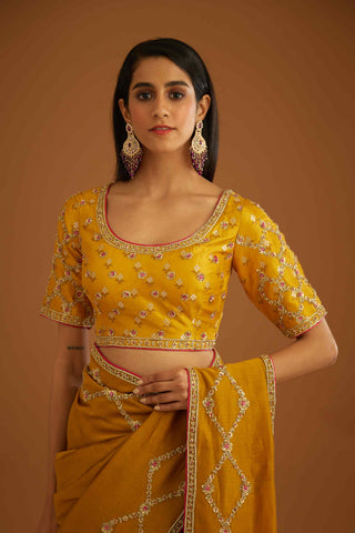 Shyam Narayan Prasad-Mustard Yellow Zardozi Sari And Blouse-INDIASPOPUP.COM