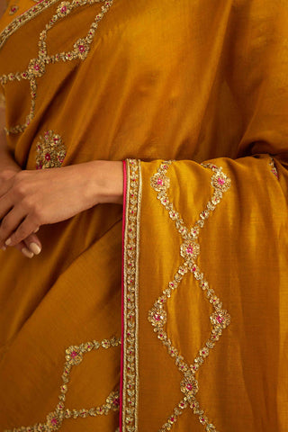 Shyam Narayan Prasad-Mustard Yellow Zardozi Sari And Blouse-INDIASPOPUP.COM