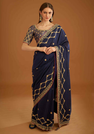 Shyam Narayan Prasad-Dark Navy Blue Zardozi Sari And Blouse-INDIASPOPUP.COM