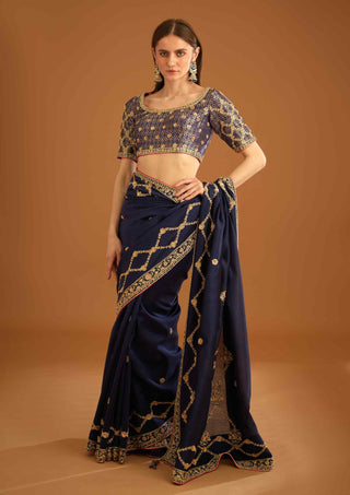 Shyam Narayan Prasad-Dark Navy Blue Zardozi Sari And Blouse-INDIASPOPUP.COM