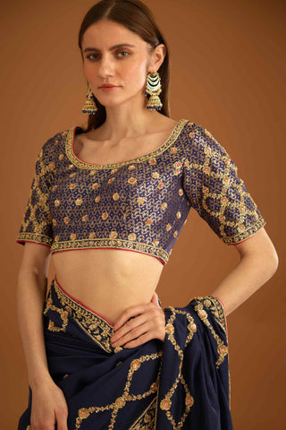 Shyam Narayan Prasad-Dark Navy Blue Zardozi Sari And Blouse-INDIASPOPUP.COM