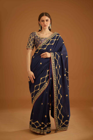 Shyam Narayan Prasad-Dark Navy Blue Zardozi Sari And Blouse-INDIASPOPUP.COM