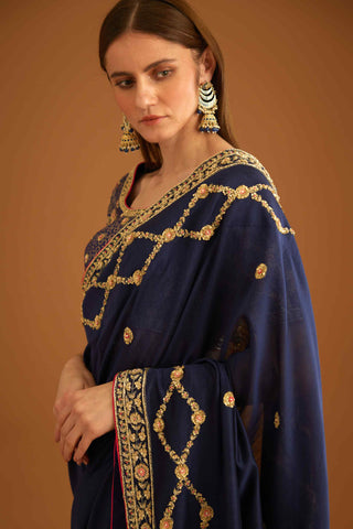 Shyam Narayan Prasad-Dark Navy Blue Zardozi Sari And Blouse-INDIASPOPUP.COM