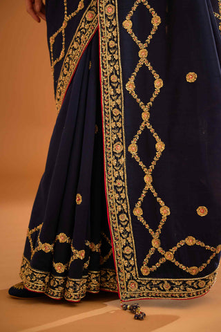 Shyam Narayan Prasad-Dark Navy Blue Zardozi Sari And Blouse-INDIASPOPUP.COM