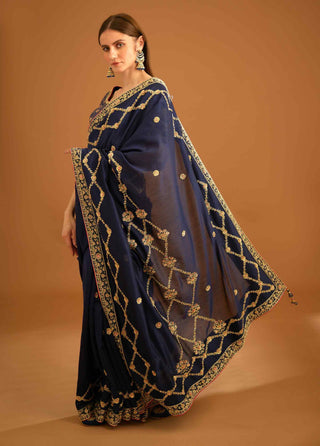 Shyam Narayan Prasad-Dark Navy Blue Zardozi Sari And Blouse-INDIASPOPUP.COM